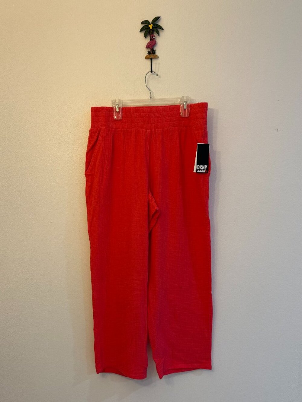 DKNY Sport Coral Red Gauze Lounge Pants NWT 1X Wide Leg Elastic Waist